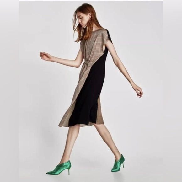 ZARA Tan and Black Asymmetrical Fitted Dress size L - Picture 2 of 16